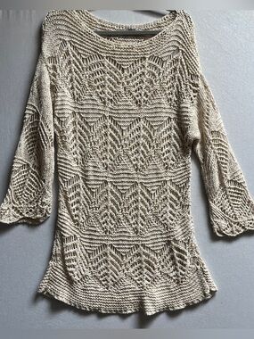 JP Evolution Women Open Crochet Knit Cream Sweater Size L Scoop Neck